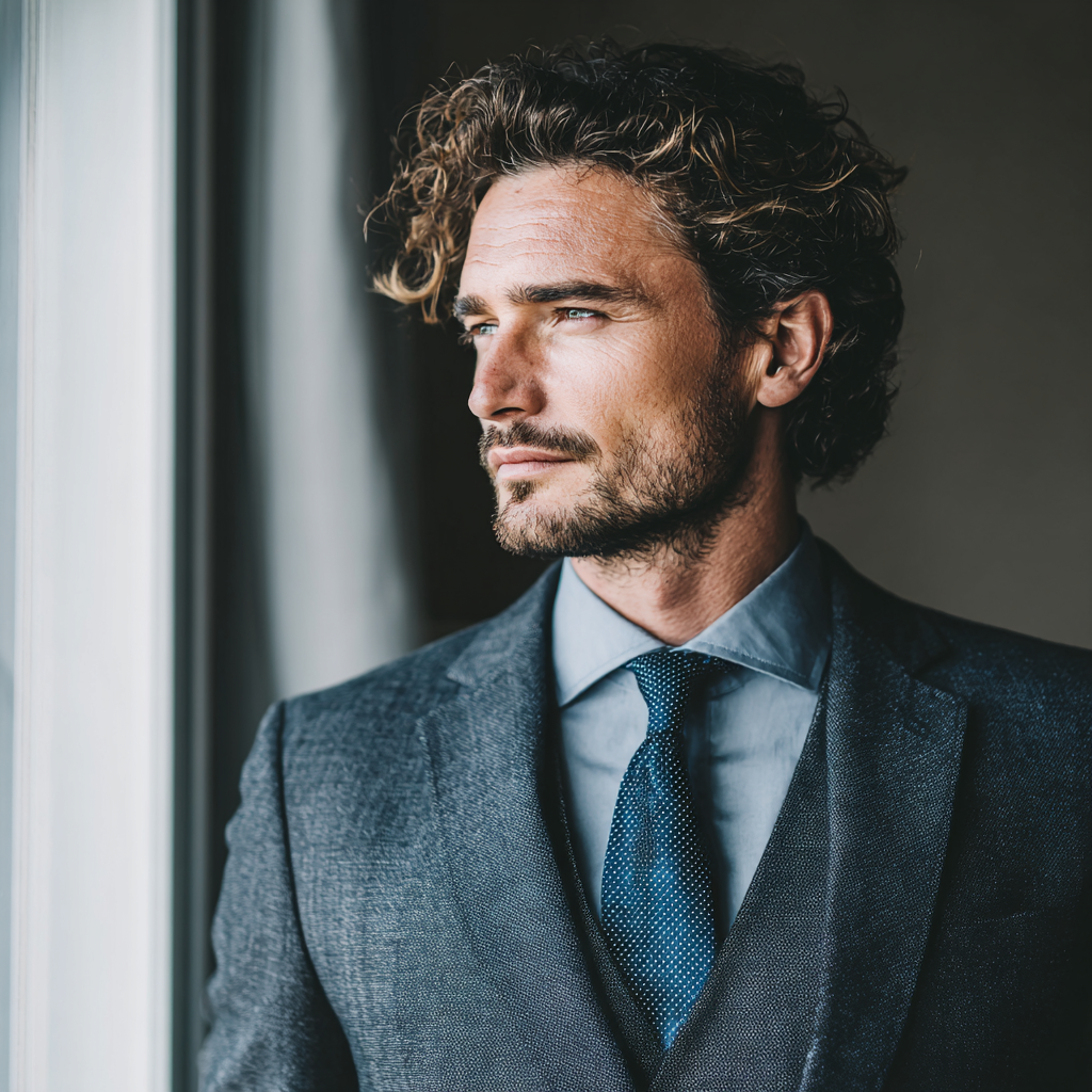 Confident businessman in suit looking determined and focused during morning routine
