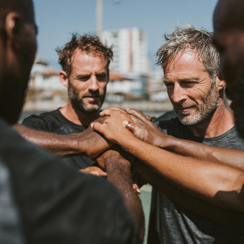 Group of supportive men training together in outdoor bootcamp setting showing teamwork