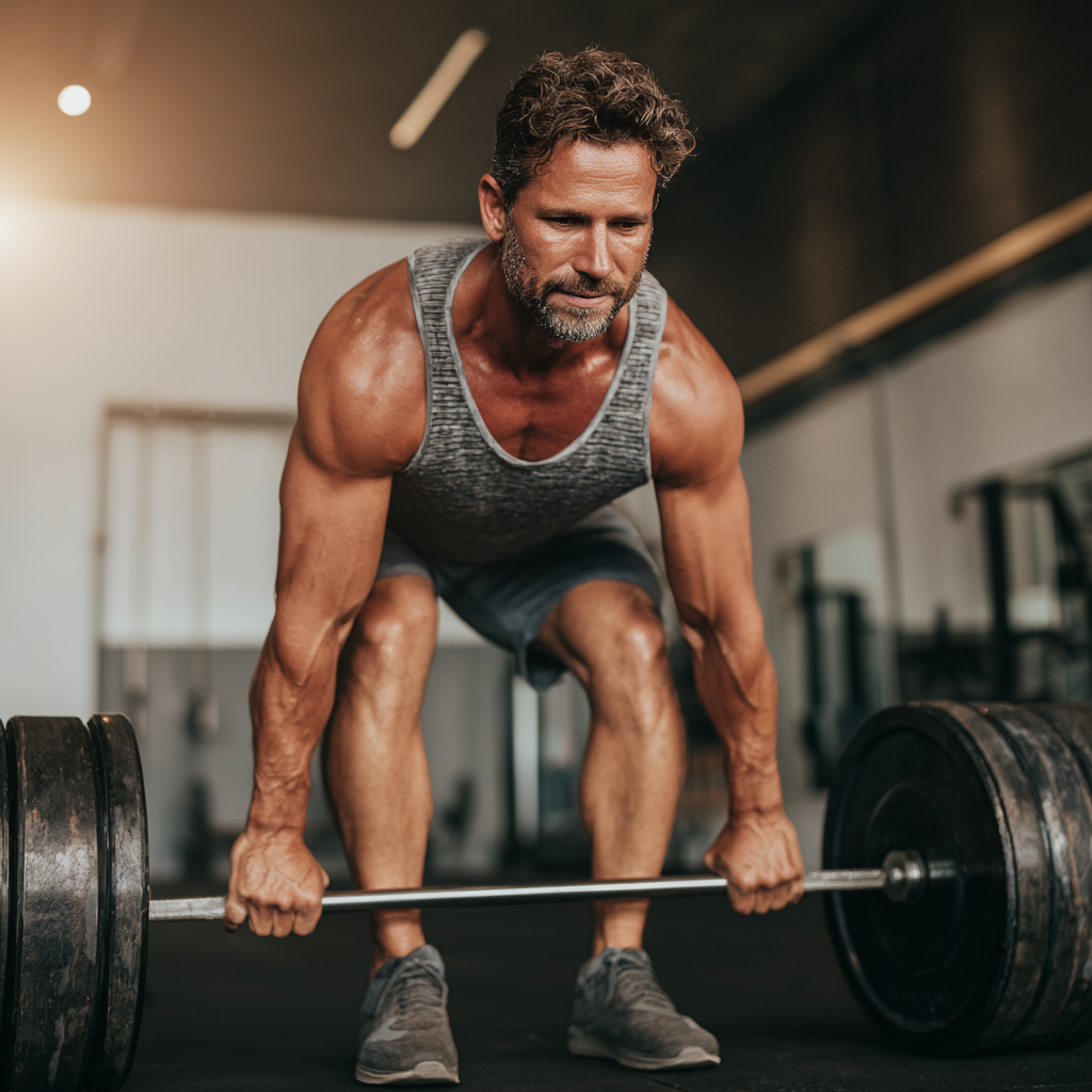 Muscular man doing deadlifts in modern gym with focused expression